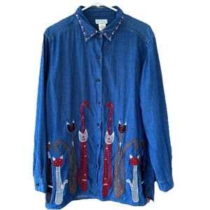 Bobbie Brooks Denim Button Up Shirt Women's  Large Crazy Cat Applique Embroidery
